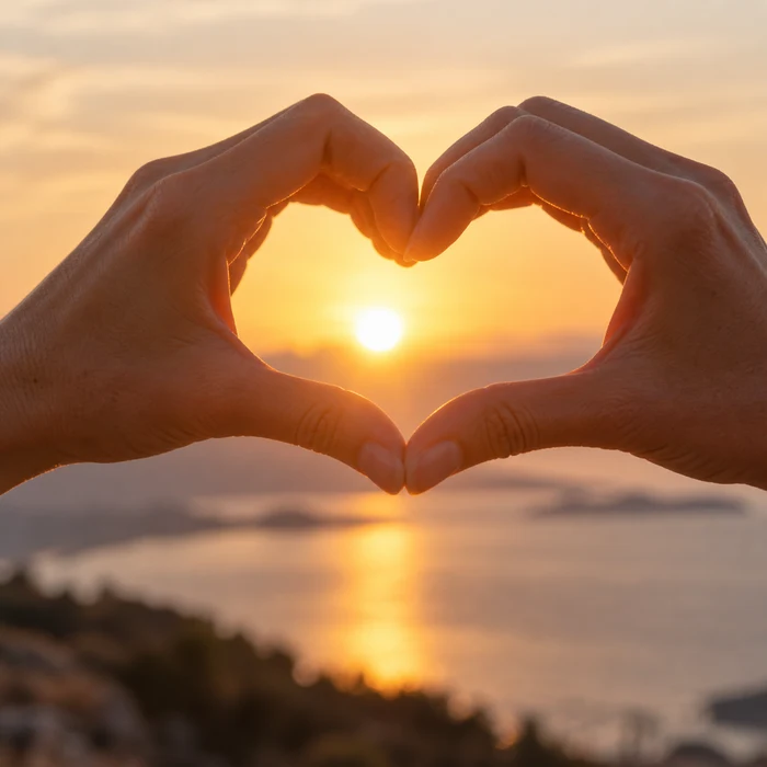 Hands forming a heart around the setting sun