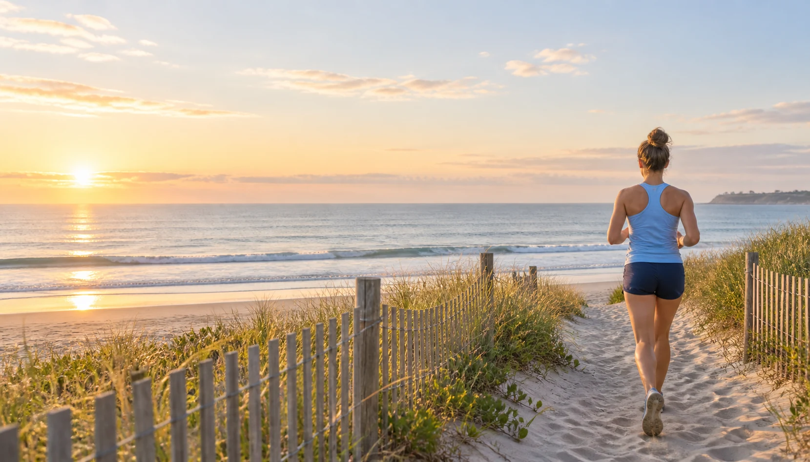 A runner heading toward the ocean on a sunlit beach path