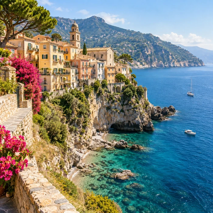 Colorful coastal buildings above a bright blue sea