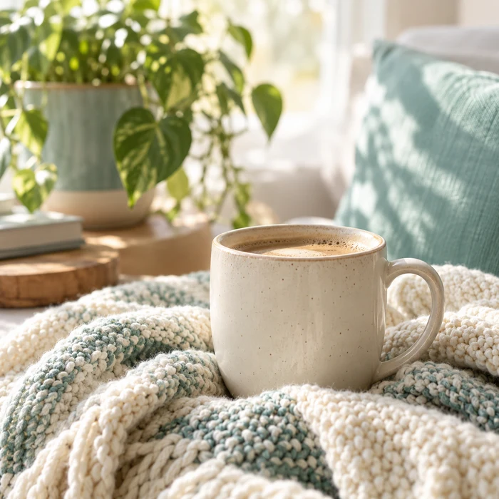 A cup of coffee on a soft blanket in morning light